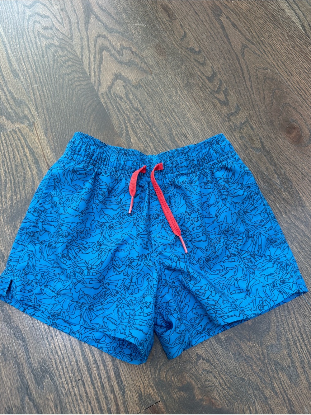 Boy’s Blue Printed Swim Shorts with Red Drawstring